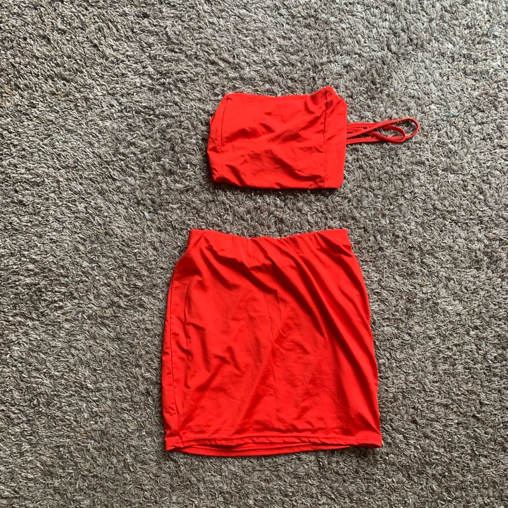 Red Two Piece Skirt and Tie up Tube Top